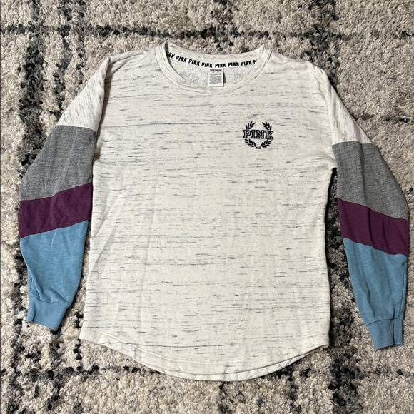 PINK Victoria's Secret Tops - PINK Victoria's Secret Cream Sweatshirt with Color Block Sleeves